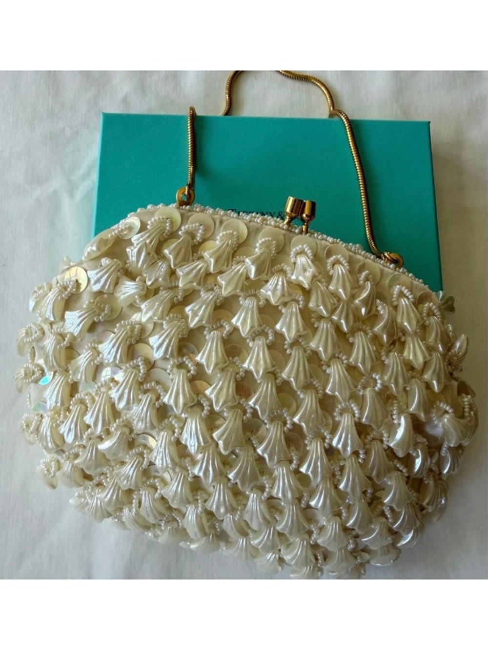 Vtg 50s Evening Bag with Dangling Beads - Cream / Gold